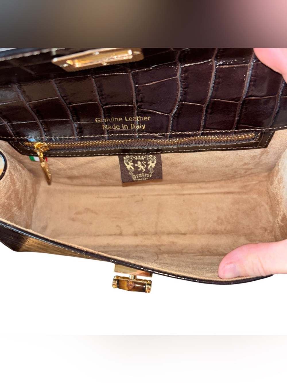 Pratesi Castalia Lady Bag chocolate croc-embossed Italian leather handbag NWOT - Picture 7 of 13